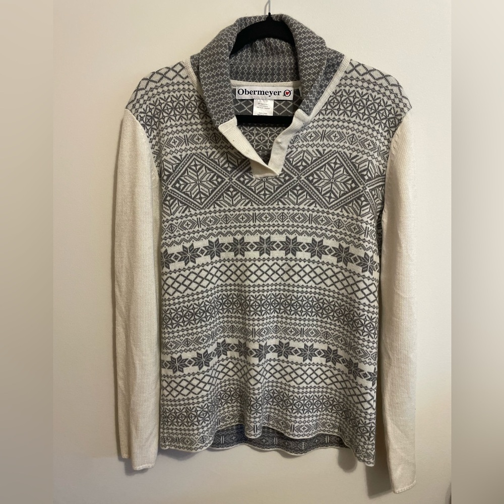 OBERMEYER- Fair Isle Nordic Snowflake Pullover Sweater merino Wool Blend size L